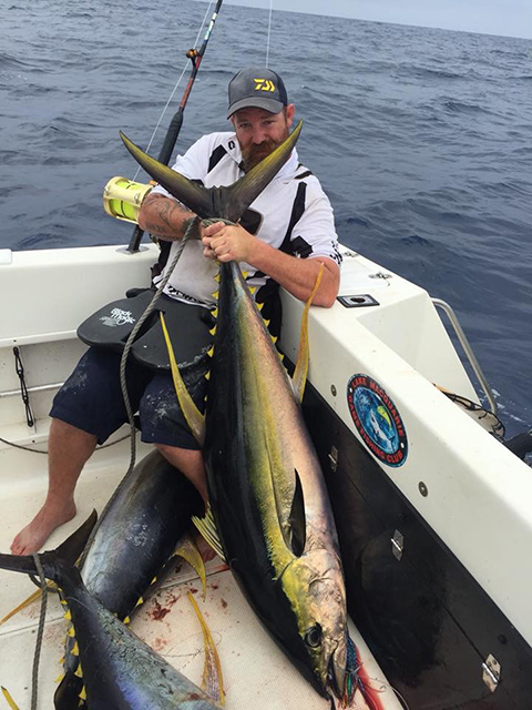ANGLER: Gavin Kelly SPECIES: Yellowfin Tuna, Blue Marlin, Striped Marlin and Short Billed Spearfish WEIGHT: 4 yellowfin, 10kg, 48kg, 50kg and 55kg, 3 blue marlin est. 140kg, 150kg and 180kg, 1 striped marlin est. 90kg and 1 short billed spearfish est. 30kg LURE: 10" JB Dingo.